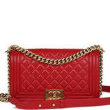 Pre-owned Chanel Medium Boy Bag Red Lambskin Antique Gold Hardware