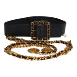 Vintage Chanel CC Medallion Chainlink Leather Belt Black Leather Gold Hardware