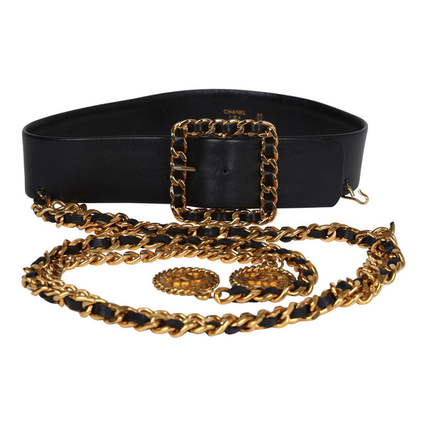 Beautiful French Vintage Leather good Black with Gold Plated Details Belt - Made in FRANCE