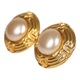Vintage Chanel Pearl Round CC Button Clip On Earrings Faux Pearl & Gold Metal