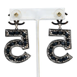 Chanel Crystal CC No 5 Chain Drop Dangle Earrings Black Leather Light Gold Metal
