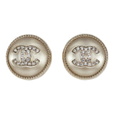 Chanel Crystal CC Round Pearl Button Earrings Light Gold Hardware