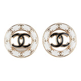 Chanel CC Round Stud Earrings White/Black Enamel Gold Hardware