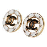 Chanel CC Round Stud Earrings White/Black Enamel Gold Hardware