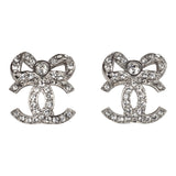 Chanel Mini Crystal Bow CC Stud Earrings Silver Hardware