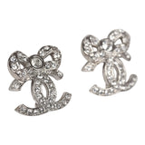 Chanel Mini Crystal Bow CC Stud Earrings Silver Hardware