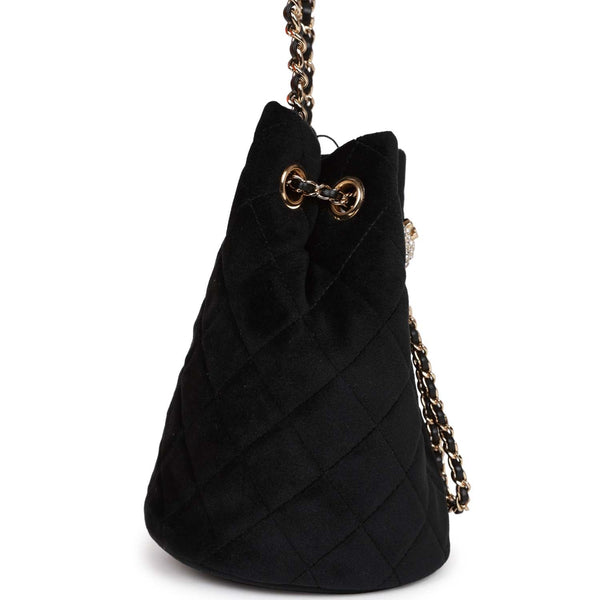 Chanel Black Fur Drawstring Bag with Gold and Silver Hardware