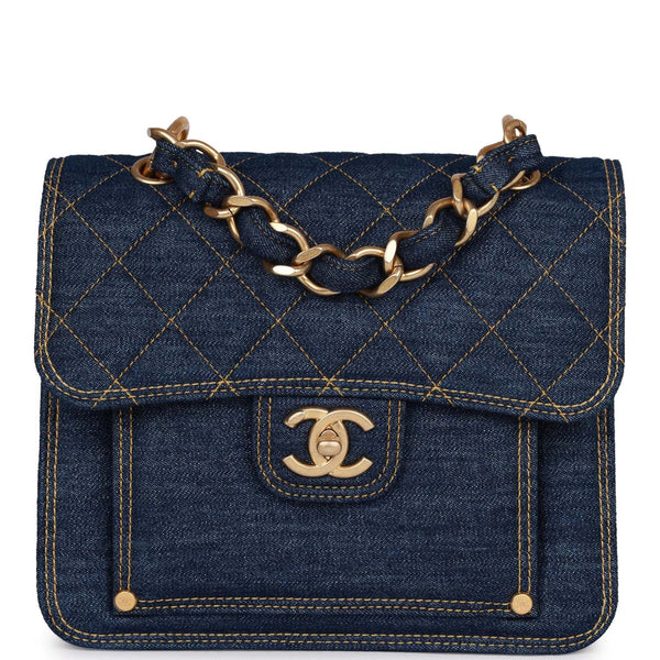 Chanel Square Flap Backpack Blue Denim Antique Gold Hardware