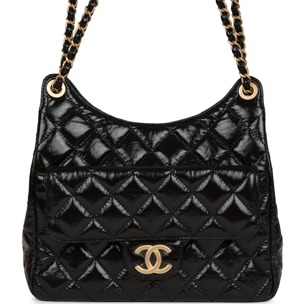 Chanel Quilted CC Hobo Bag Red Shiny Crumpled Calfskin Antique Gold Hardware