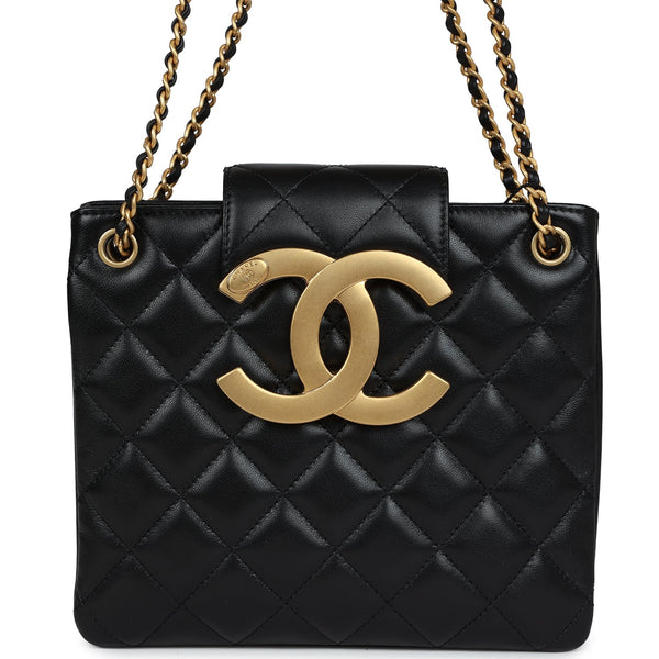 Chanel CC Small Shoulder Bag Black Lambskin Antique Gold Hardware