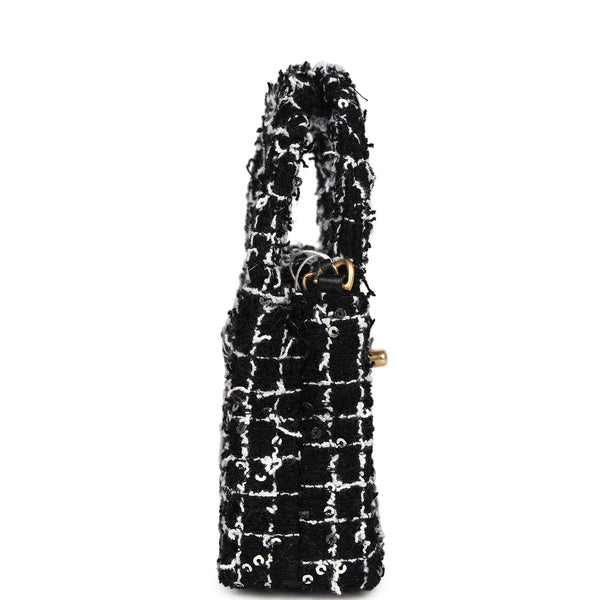 Chanel Nano Kelly Shopper Black, White & Sequin Tweed Brushed Gold Har
