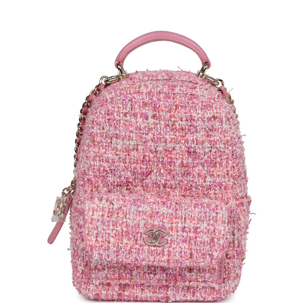 Chanel Mini Phone Holder Backpack with Chain Pink Multicolor Tweed Lig