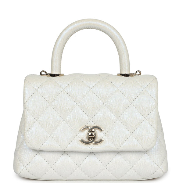 Chanel Mini Coco Handle Flap Bag Ivory Pearly Iridescent Caviar Light