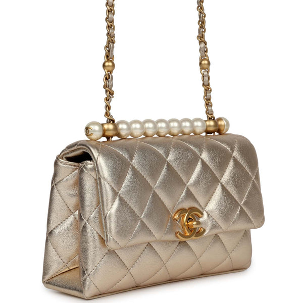 Chanel Mini Pearl Top Handle Flap Bag Metallic Gold Lambskin Brushed G