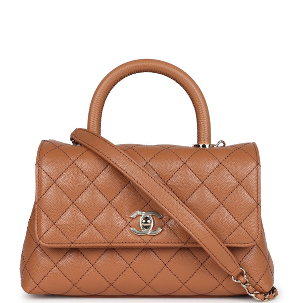 CHANEL ブラウンレザー バッグ Chanel Quilted Lambskin Brown and Yellow Mini Top Handle Flap Bag