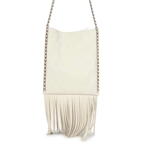 Chanel Small CC Fringe Shopping Bag White Calfskin Light Gold Hardware