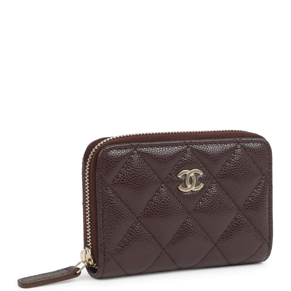 Chanel Classic Zipped Coin Purse Wallet Dark Brown Shiny Caviar Light