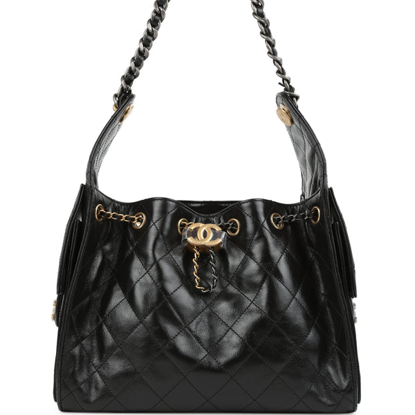 Chanel Small 25 Hobo Bag Black Shiny Crumpled Calfskin Mixed Metal Har