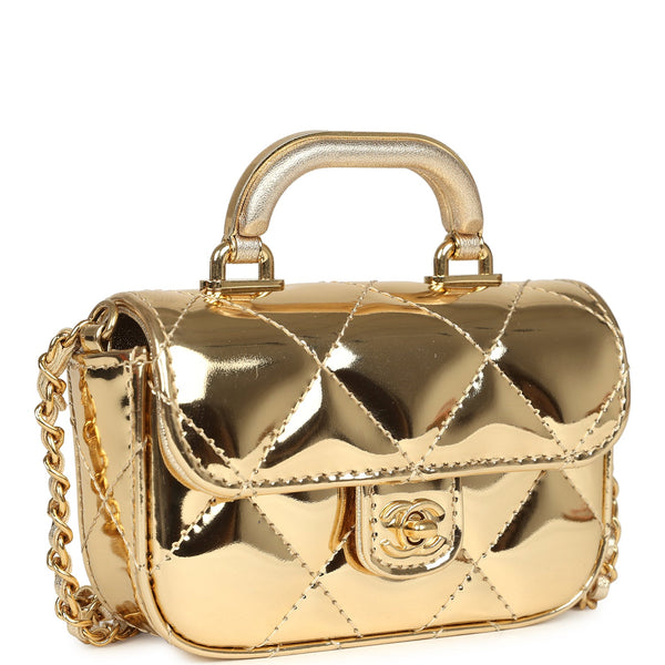 Chanel Micro Top Handle Flap Bag with Chain Light Gold Mirror