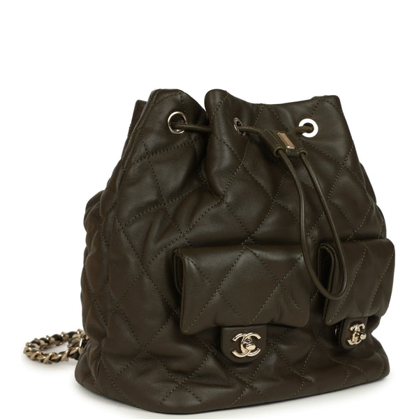 Chanel Mini Duma Drawstring Backpack Khaki Lambskin Light Gold Hardware – New & Authentic