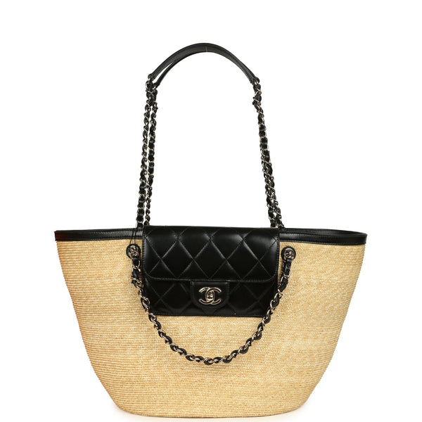 Chanel Large Shopping Tote Bag Beige Raffia and Black Lambskin