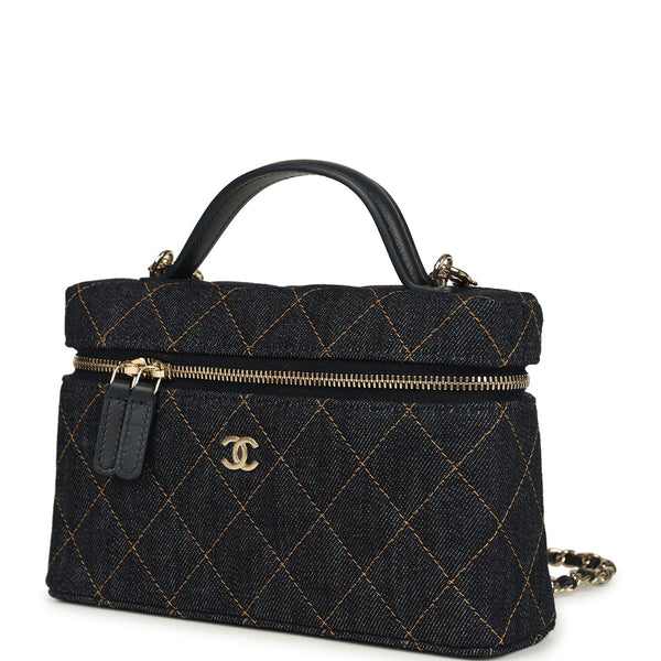 Chanel Top Handle Long Vanity Case with Chain Dark Blue Denim