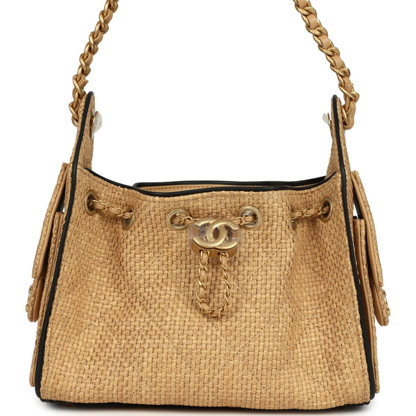 Chanel Mini 25 Hobo Bag Beige Raffia and Black Calfskin Antique