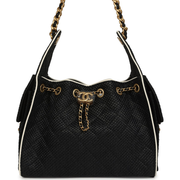 Chanel Small 25 Hobo Bag Black Raffia and White Calfskin Antique