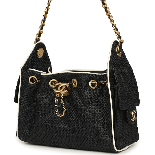 Chanel Mini 25 Hobo Bag Black Raffia and White Calfskin Antique
