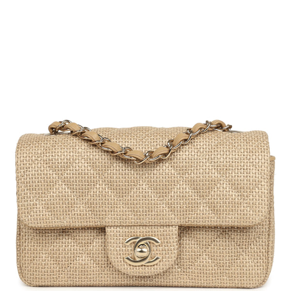 Chanel Mini Rectangular Flap Dark Beige Raffia Light Gold Hardware Chanel Mini Rectangular Flap Dark Beige Raffia Light Gold Hardware
