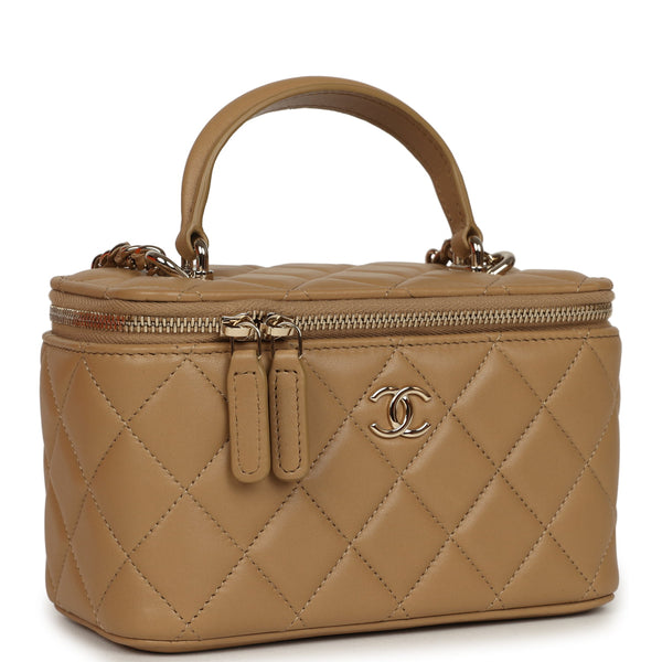 Chanel Small Top Handle Vanity Case Dark Beige Lambskin Light Gold Har