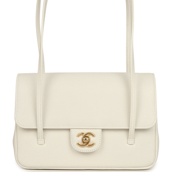 Chanel Small Preppy Coco Flap Bag White Shiny Caviar Brushed Gold Hard