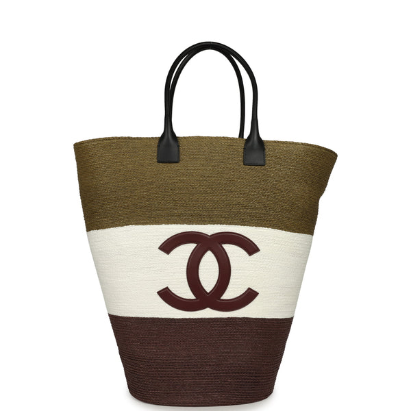 Chanel Maxi Coco Beach Large Shopping Bag Khaki, White, Brown Raffia a