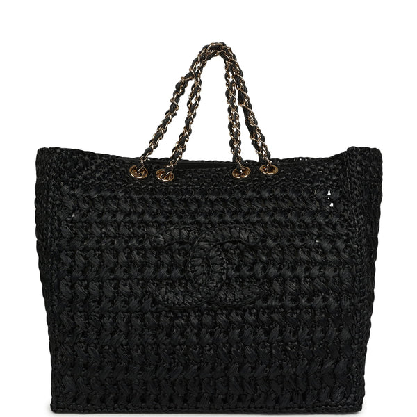 Chanel Coco Beach CC Shopping Tote Black Raffia and Calfskin Gold Hard