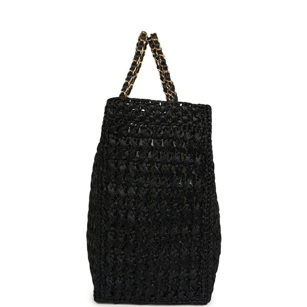 Chanel Coco Beach CC Shopping Tote Black Raffia and Calfskin Gold Hard
