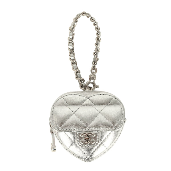 Chanel CC In Love Mini Heart Bag Charm Silver Metallic Lambskin Silver