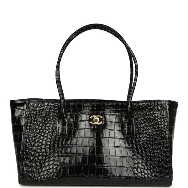 Chanel Small Cerf Shopping Bag Black Croc Embossed Calfskin Gold Hardw