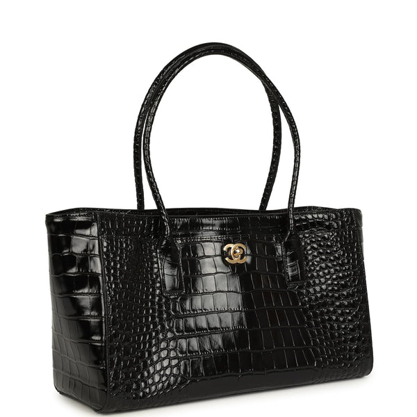 Chanel Small Cerf Shopping Bag Black Croc Embossed Calfskin Gold Hardw