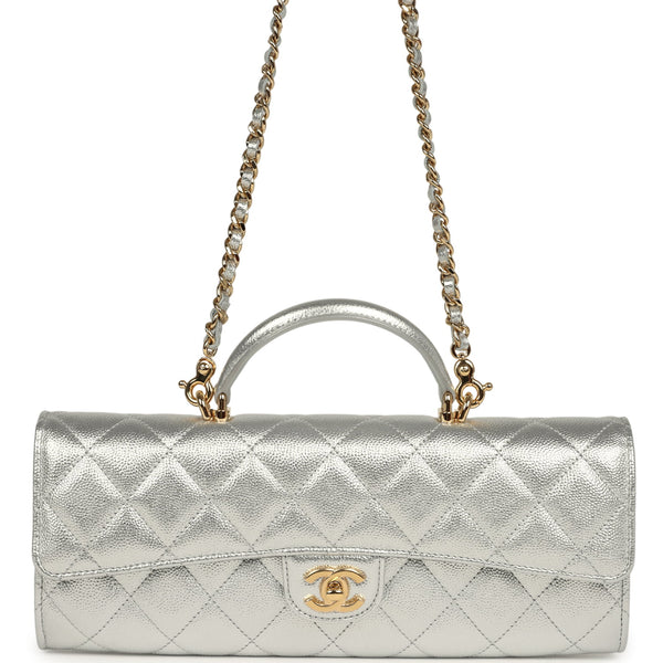 Chanel Long Top Handle Clutch with Chain Metallic Silver Caviar Gold H