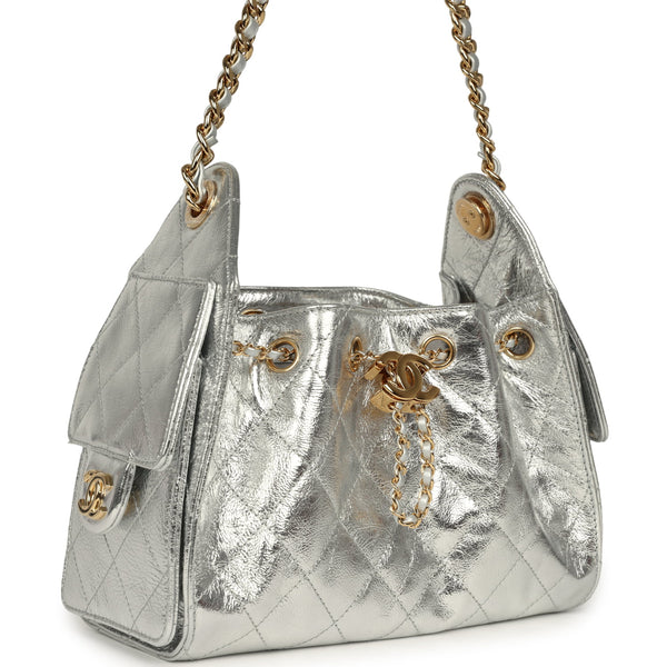 Chanel Mini 25 Hobo Bag Metallic Silver Caviar Gold Hardware