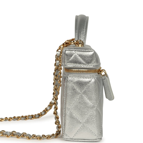 Chanel Top Handle Long Vanity Case with Chain Silver Metallic Caviar G