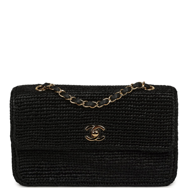 Chanel Small Flap Bag Black Braided Raffia Gold Hardware