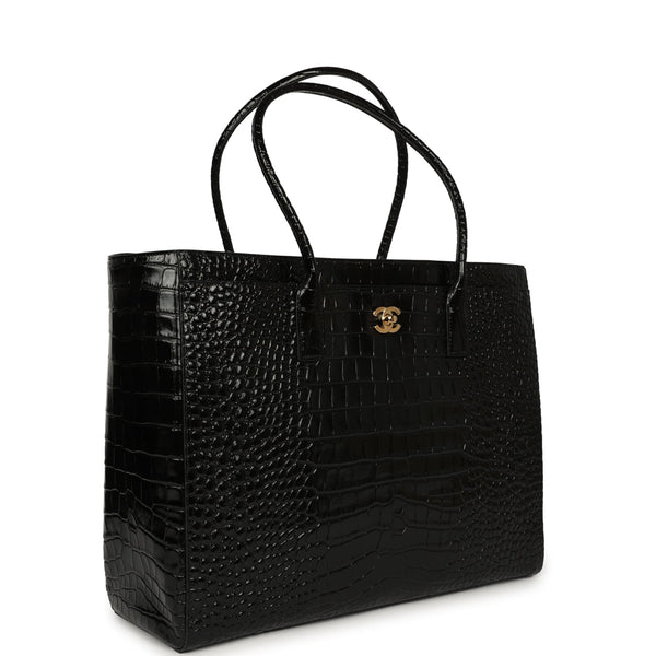 Chanel Large Cerf Shopping Bag Black Croc Embossed Calfskin Gold Hardw