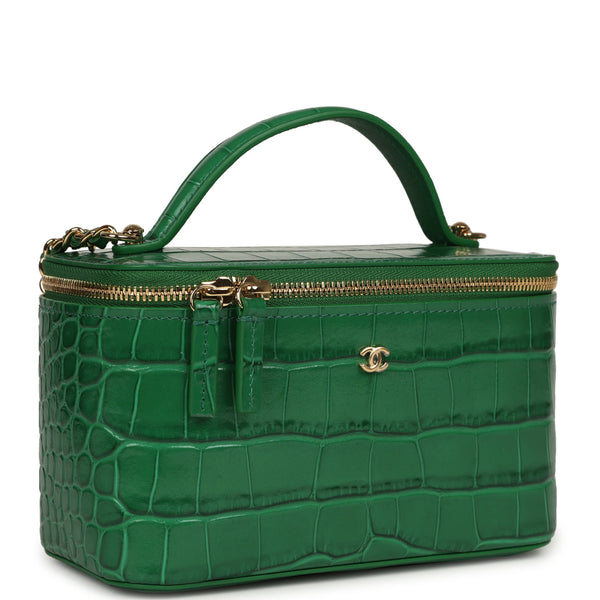 Chanel Small Top Handle Long Vanity Case Green Croc Embossed Calfskin
