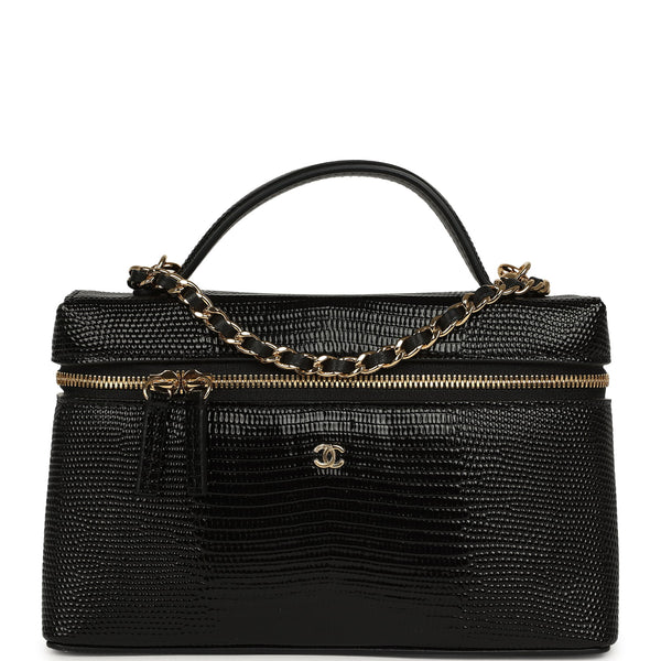 Chanel Top Handle Long Vanity Case with Chain Black Lizard Embossed Ca