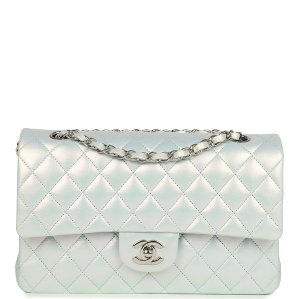 Pre-owned Chanel Medium Classic Double Flap Bag Light Blue Iridescent