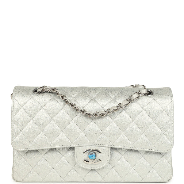 Chanel Medium Classic Double Flap Silver Glitter Caviar Silver Hardwar