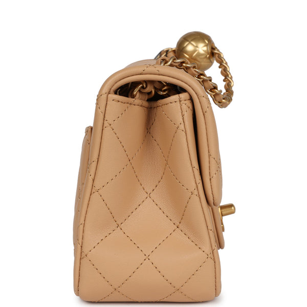 Chanel Pearl Crush Mini Square Flap Beige Lambskin Brushed Gold Hardwa