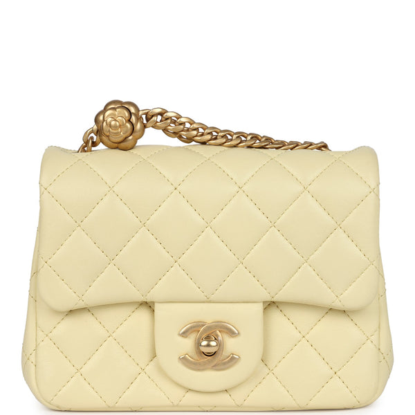 Chanel Mini Camellia Crush Square Flap Yellow Lambskin Antique Gold Ha