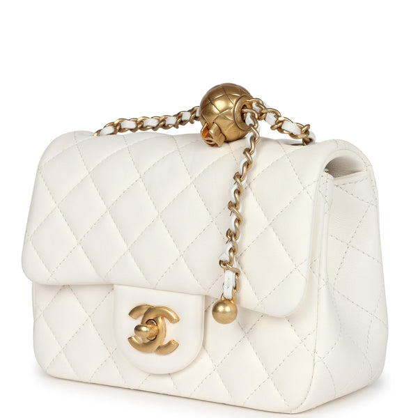 Chanel Mini Square Pearl Crush Flap Bag White Lambskin Antique Gold Ha